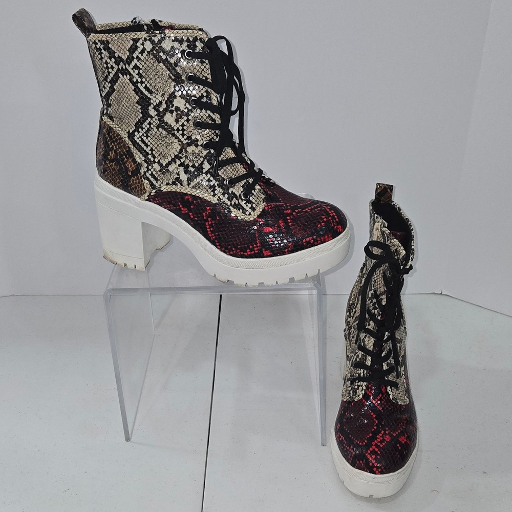 Rouge Helium Regal-01 Snakeskin Platform Boot Red Tan Black Lug Sole Size 8
